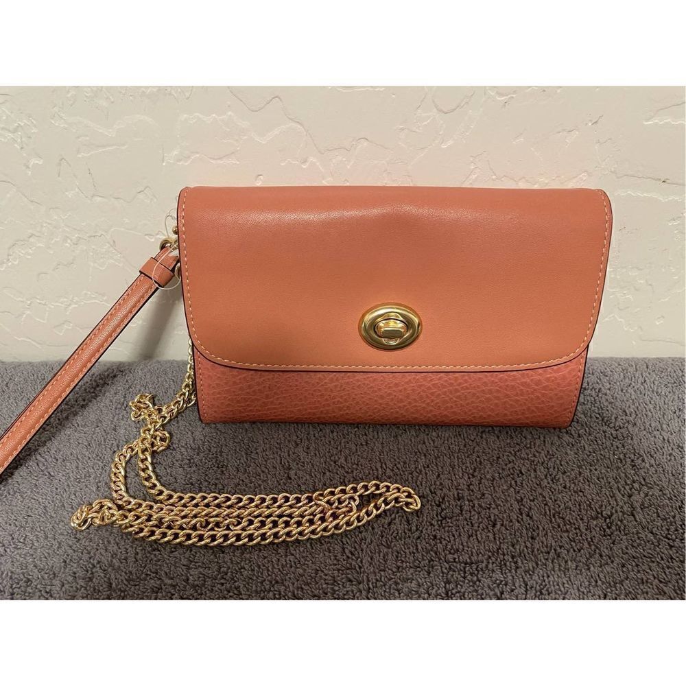 Coach Leather Chain Crossbody Melon/Gold Wristlet Clutch Handbag F31620 NWT - Picture 5 of 13
